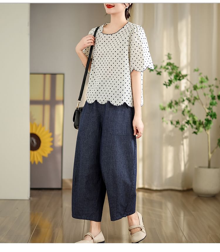 Taragon - Blouse met korte mouwen, ronde hals en gestippelde rand