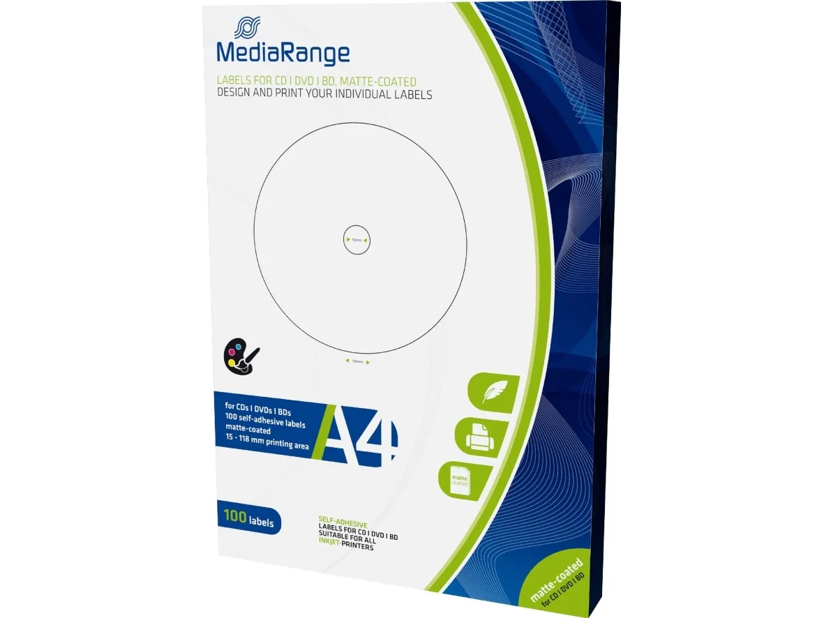 MediaRange - Hvid - CD (15 x 118 mm) 100 etikette(r) (50 ark x 2) CD/DVD etiketter