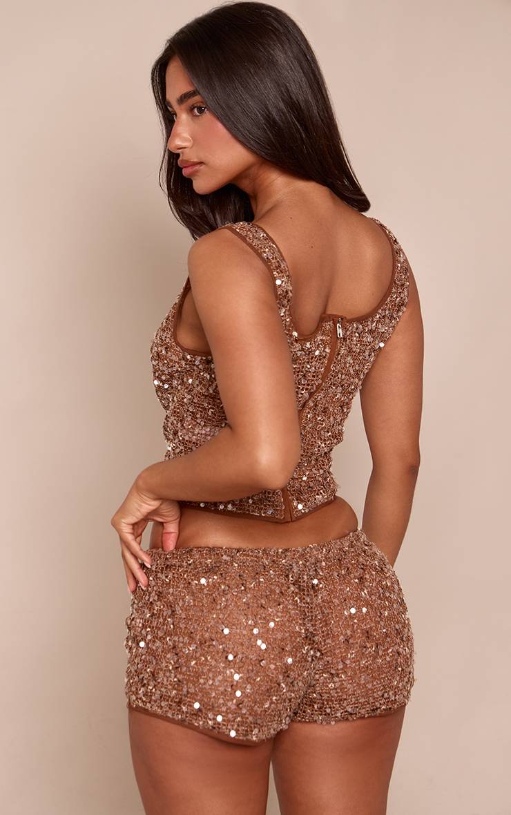 Chocolat Short Taille Basse À Sequins Texturés Petite - Ensemble Coordonné