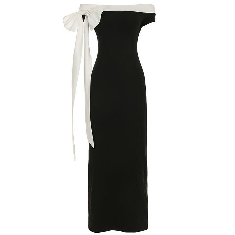 BrickBlack - Bodycon midi-jurk met off-shoulder contrasterende rand