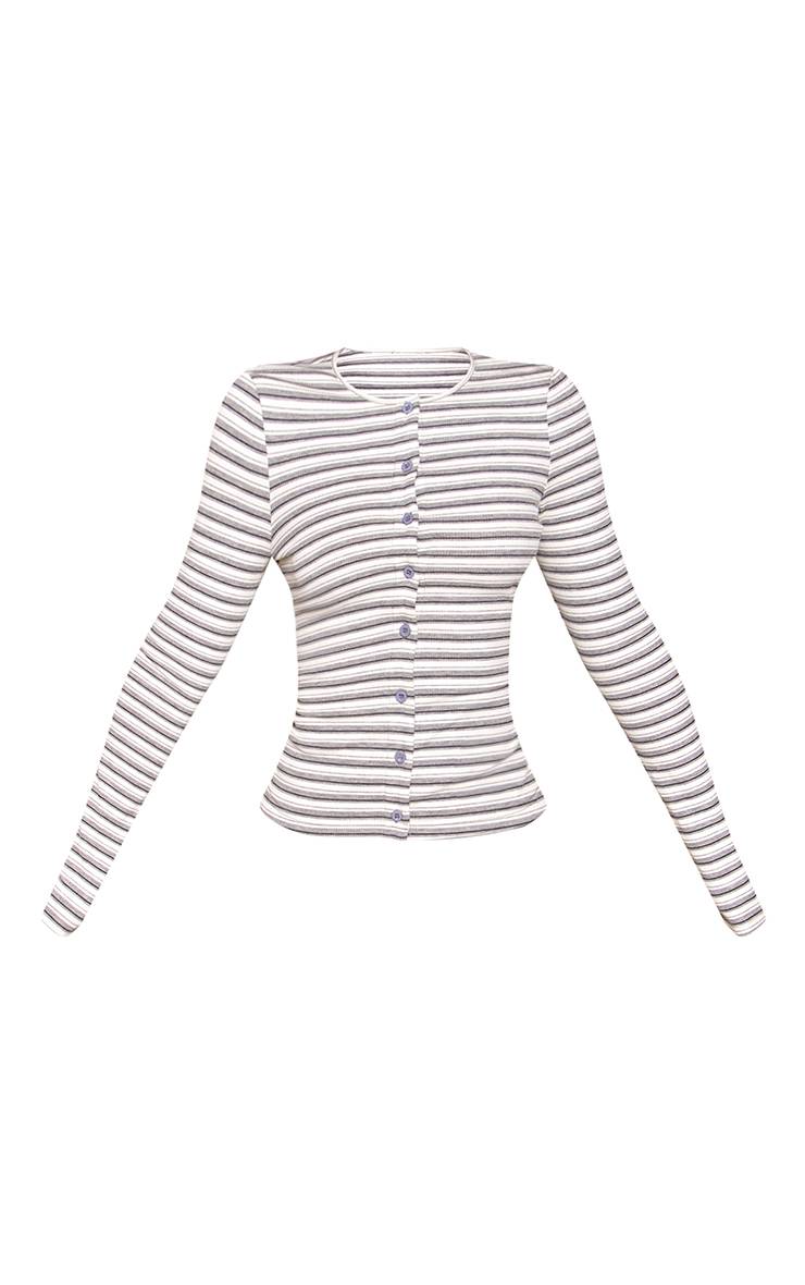 Gris Ensemble Coordonné Cardigan Court Côtelé À Rayures Charbon Avec Boutons Petite