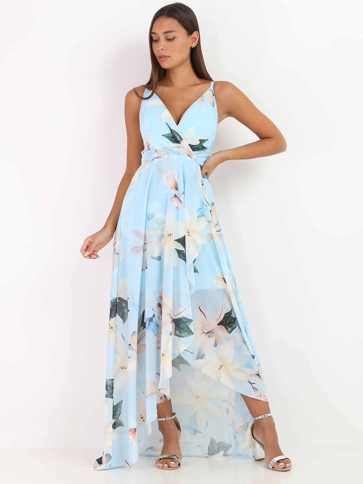 Robe longue fendue asymétrique à fleurs- Bleu clair