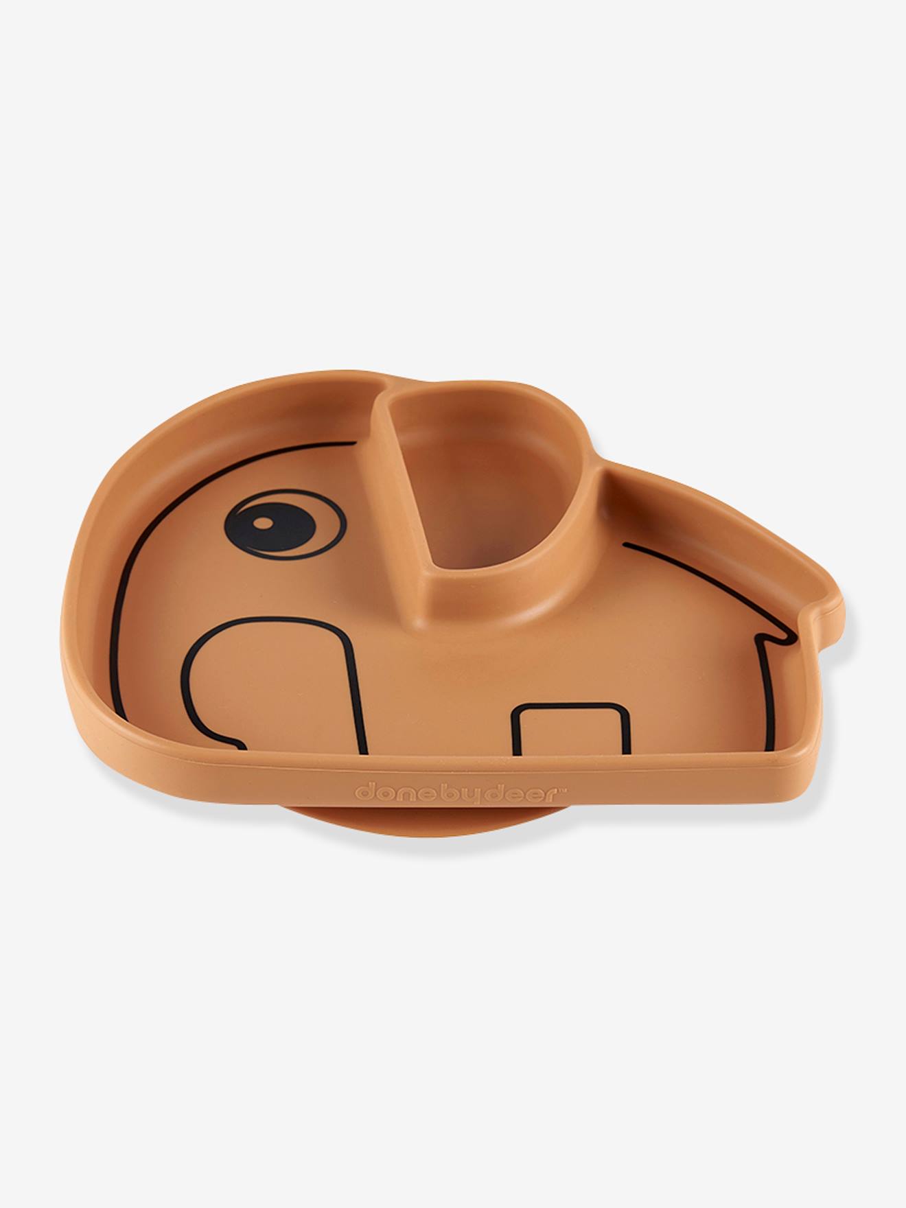 Prato elegante Stick&Stay da DEER, em silicone amarelo escuro liso com estampa.