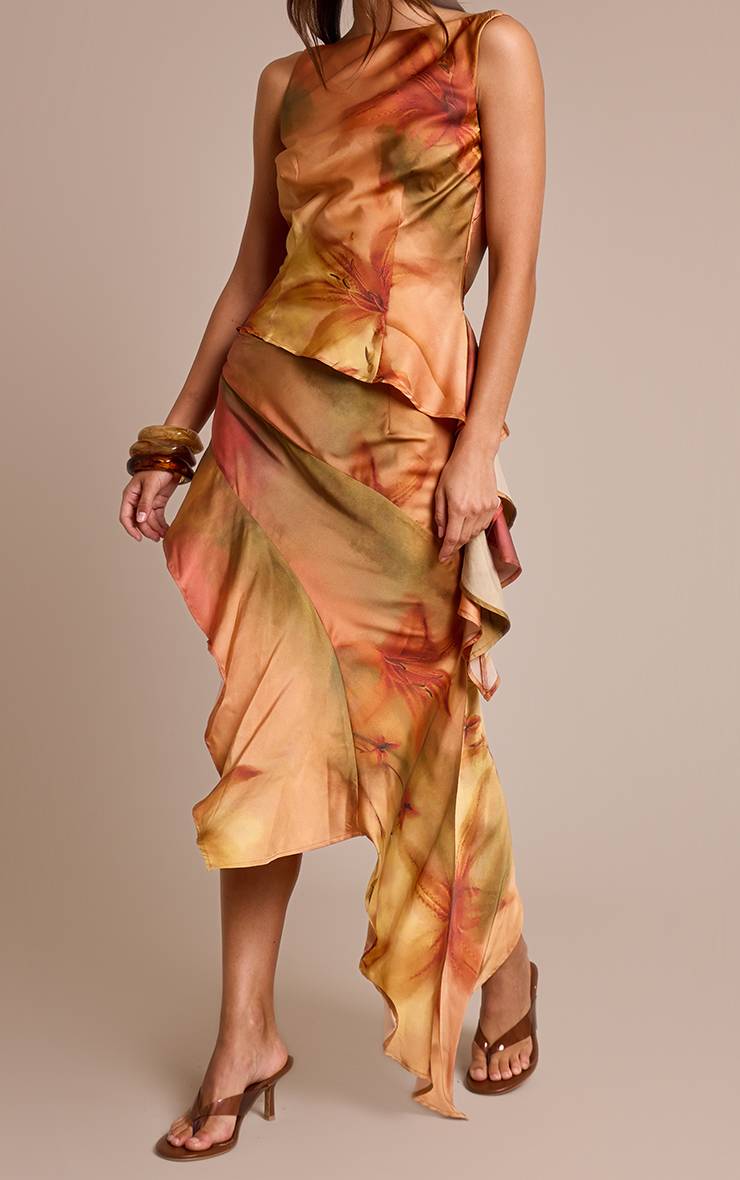 Orange Brûlé Jupe Midi Coordonnée En Satin Imprimé À Volant Asymétrique