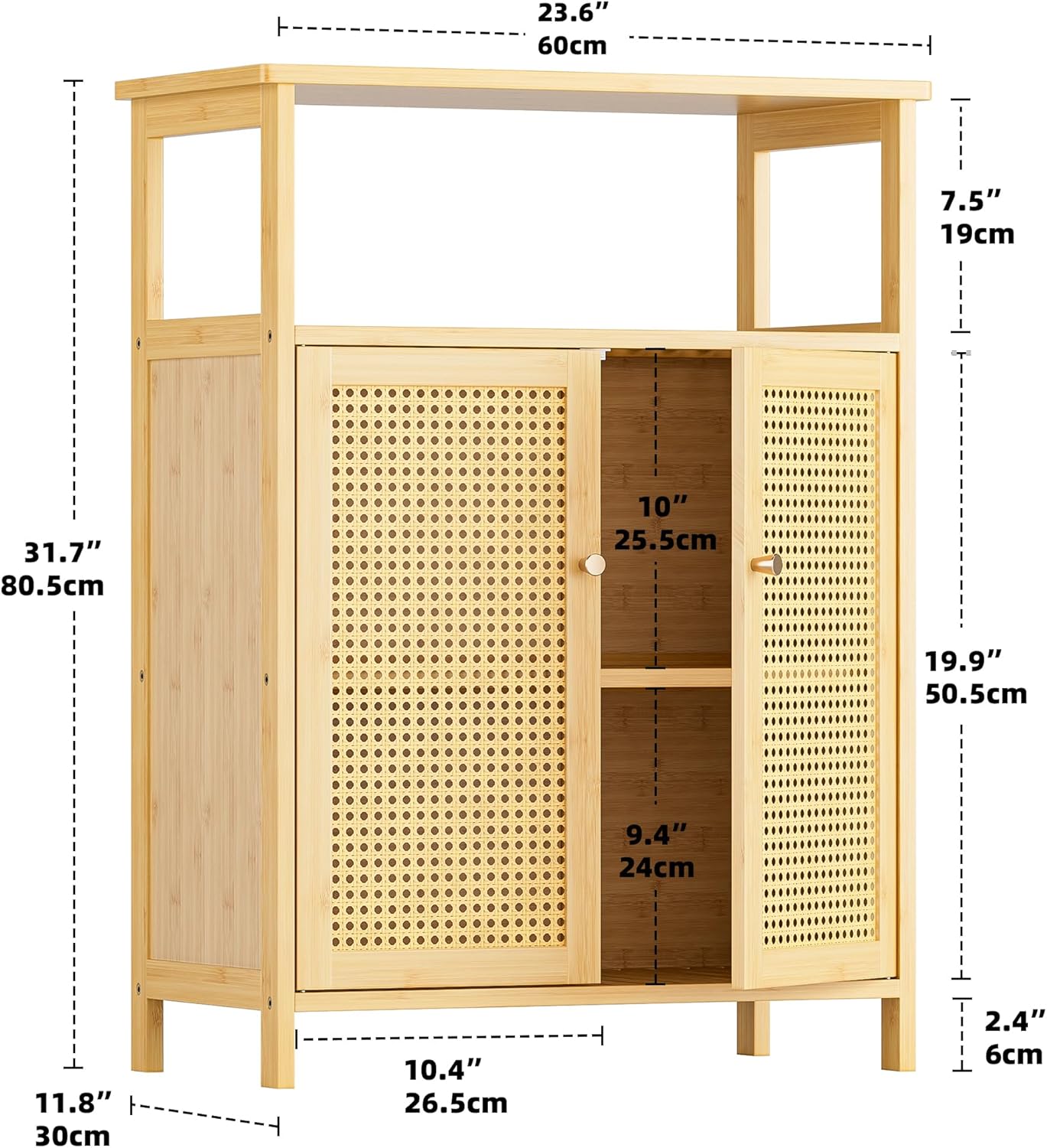 HITNET Rattan Badezimmerschrank, Bambus Badschrank mit Doppeltür, Freistehender Bodenaufbewahrungsschrank Seitenorganizer für Bad, Küche, Wohnzimmer, Natur