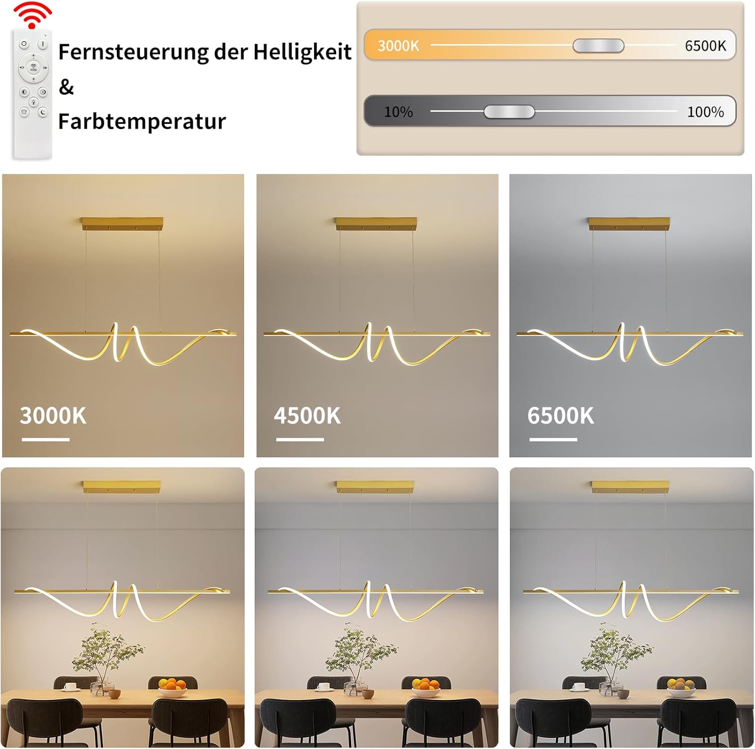 Mikeru Hängeleuchte Wohnzimmer 100cm, Golden Spiral Pendelleuchten LED Pendelleuchte mit Memory-Funktion 10%-100% Dimmbar 3000K Warmweißes/4500K Neutrales/6500K Kaltweißes für das Esszimmer