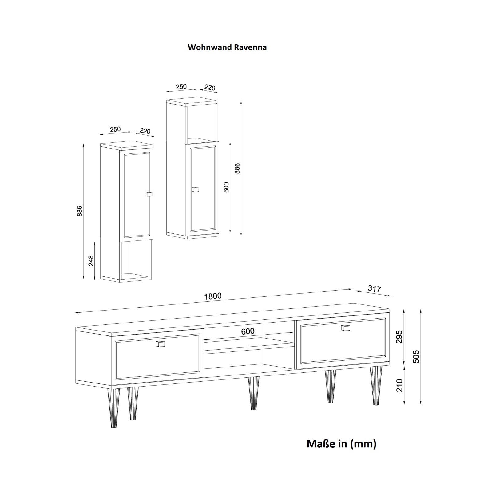 3-teilige Wohnwand - weiß-gold - Marmor-Optik - 180 cm
