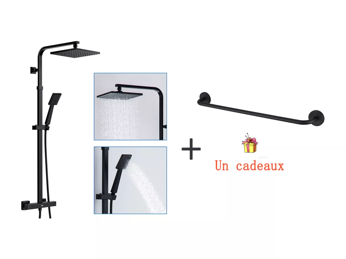 AURALUM MAX Colonne de Douche Thermostatique Noir,Réglable Hauteur,avec mitigeur+Porte-Serviettes de Salle de Bain,Auto-adhésif/ Perçage,60CM,en INOX