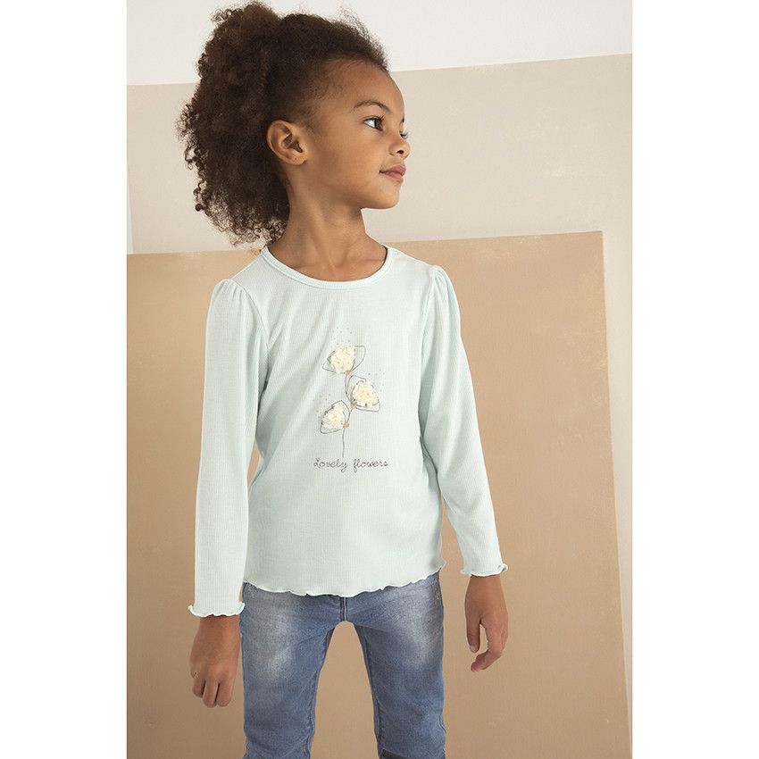 T-shirt manches longues côtelé à print ludique pour enfant fille - Bleu