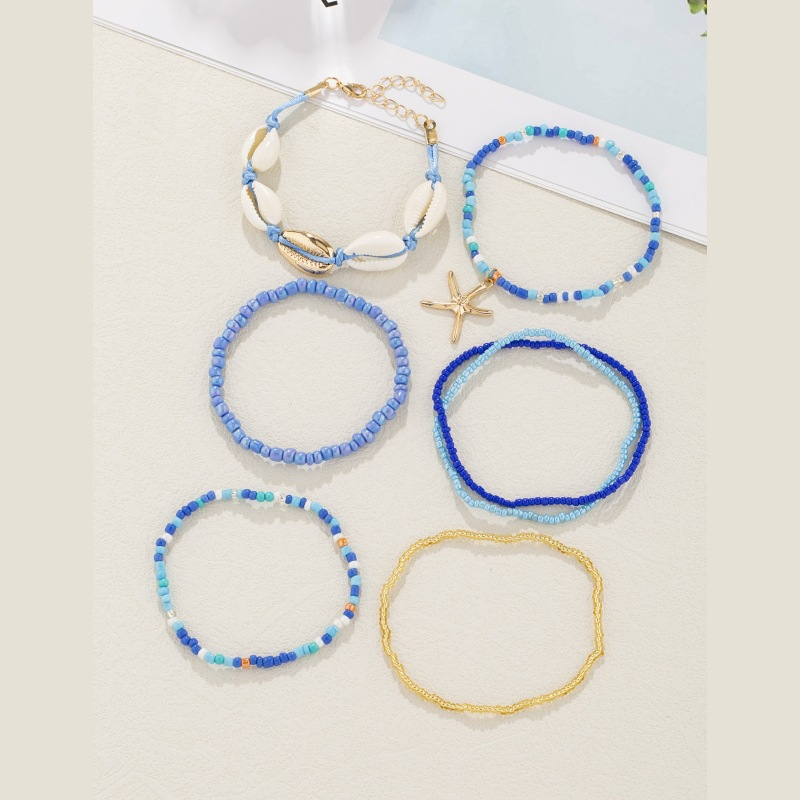 (7er Set) 155-210mm Perlen Armband Muschel Modeschmuck Sommer Boho Armkette mit Seestern Anhänger - Türkis / Gold