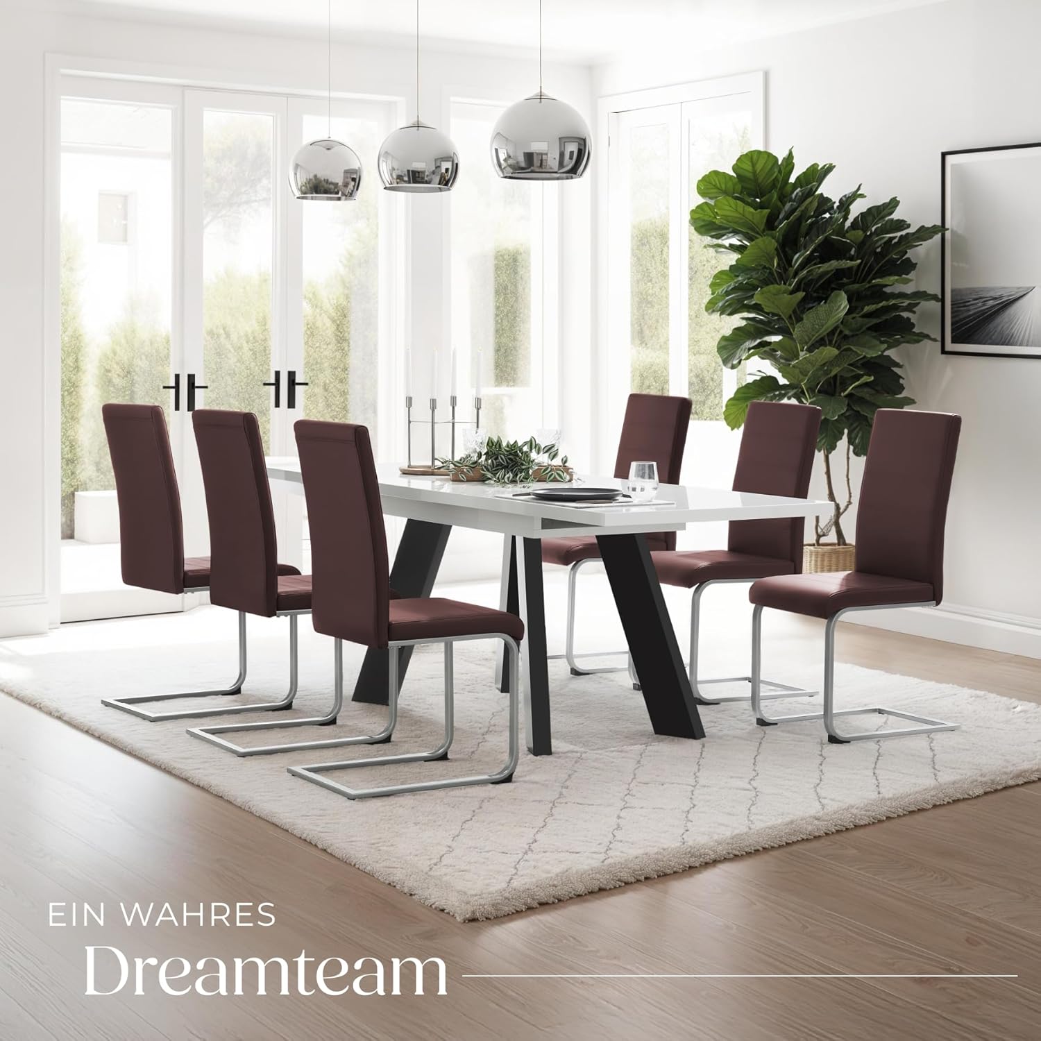 tectake Freischwinger Schwingstuhl, Stuhl 6er Set, Moderne Esszimmerstühle oder Küchenstühle mit strapazierfähigem Kunstleder Bezug - braun
