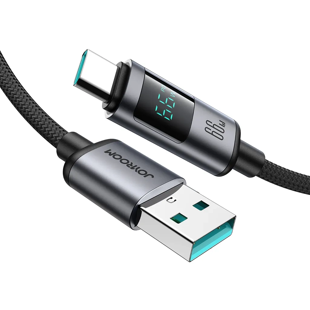 (1.2m) 66W USB A auf USB C Nylon Ladekabel Fast Charging PD Datenkabel mit Spannungs Anzeige - Schwarz