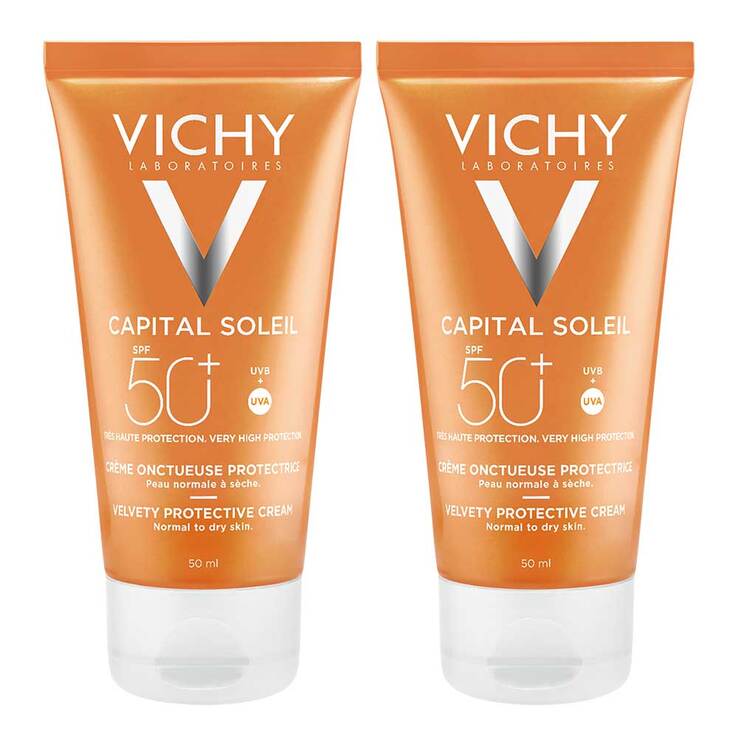 Vichy Capital Soleil Hautperfektionierende Sonnen-Creme LSF 50+ für das Gesicht, 2x50 ml