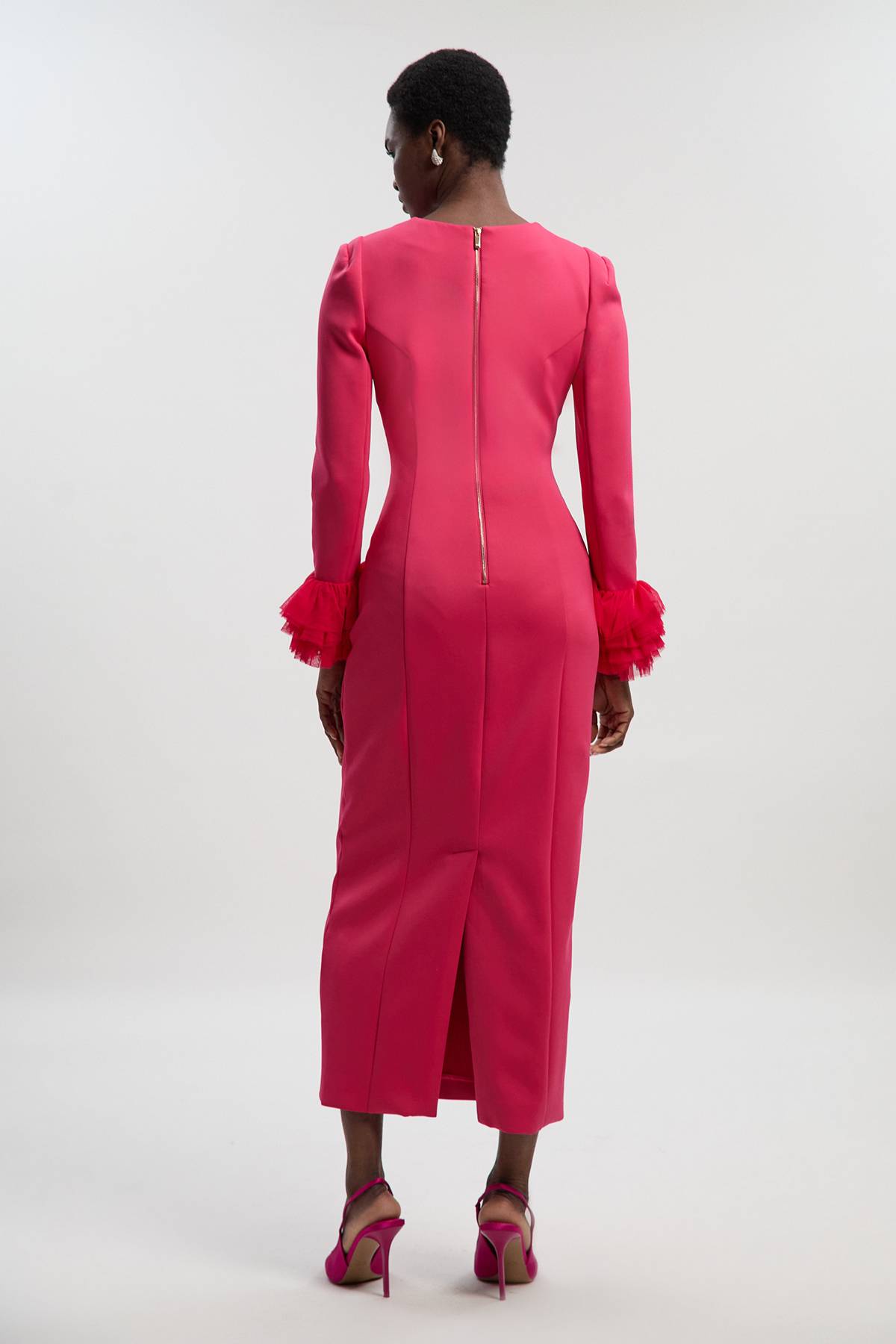 KarenMillen Robe Midi Tissée en Scuba avec Détail de Tulle aux Poignets