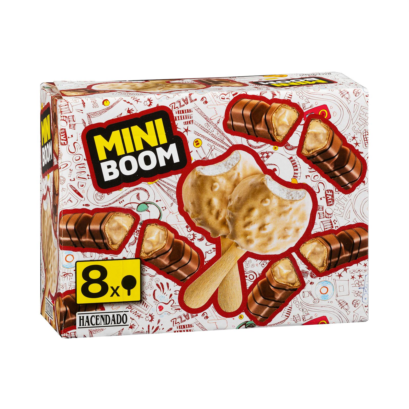 Mini glace Boom Hacendado avec un enrobage moelleux de pâte de noisette et des biscuits hachés