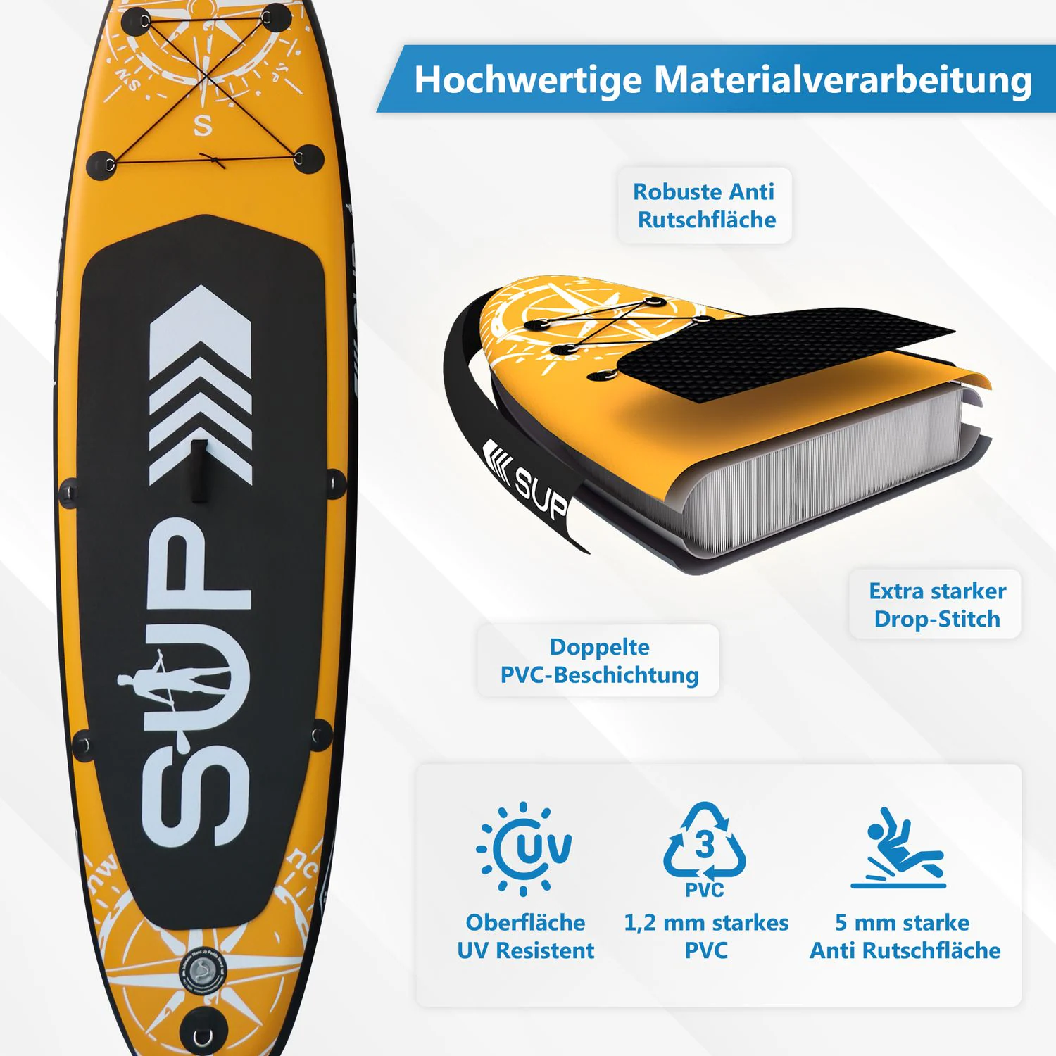 24MOVE® Standup Paddle Board SUP, inkl. umfangreichem Zubehör, Paddel und Hochdruckpumpe, ORANGE, 366x80x15cm