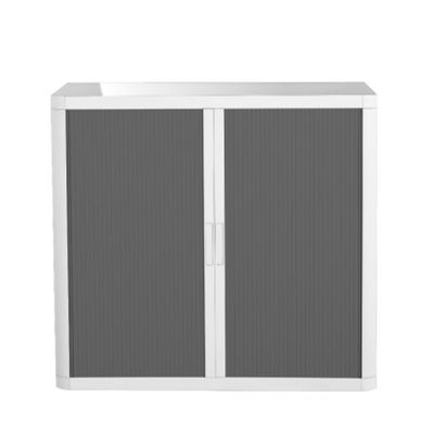 Armoire basse à rideaux EASY OFFICE - 110 x 104 x 41,5 cm - Corps et poignée blanc - Rideaux anthracite