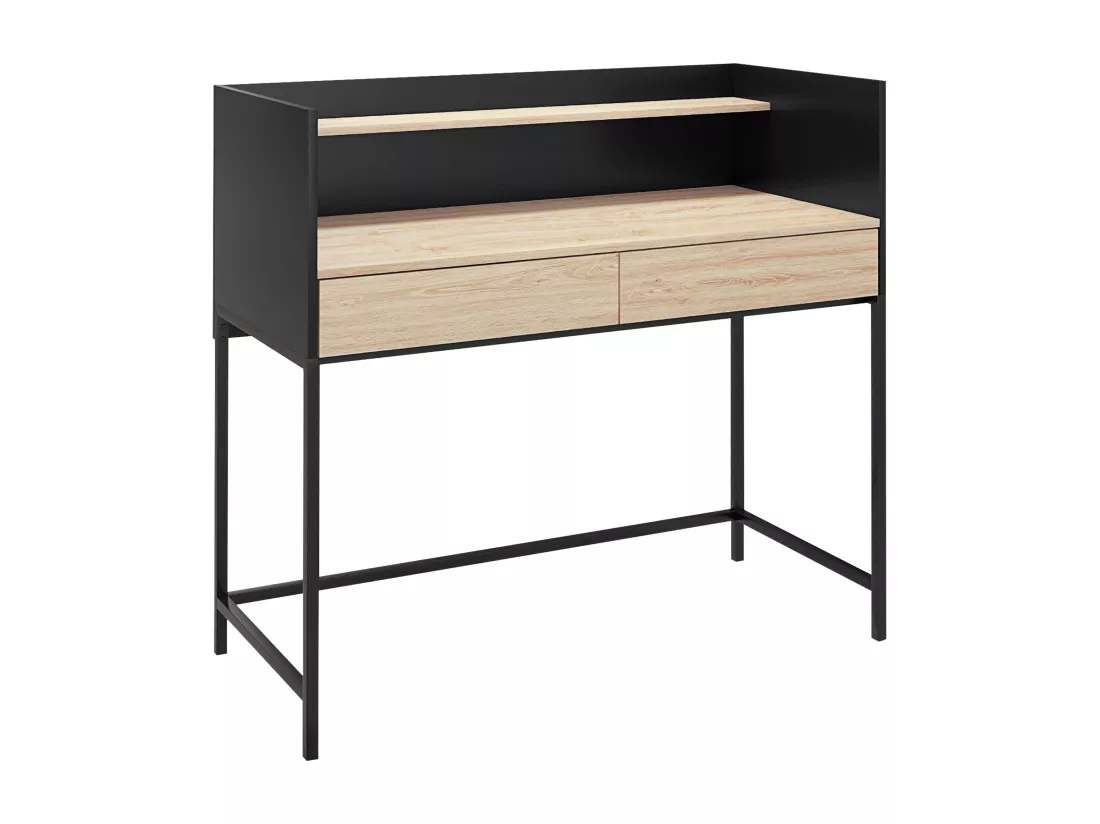 Bureau secrétaire style industriel - 2 tiroirs, étagère - métal noir aspect chêne clair