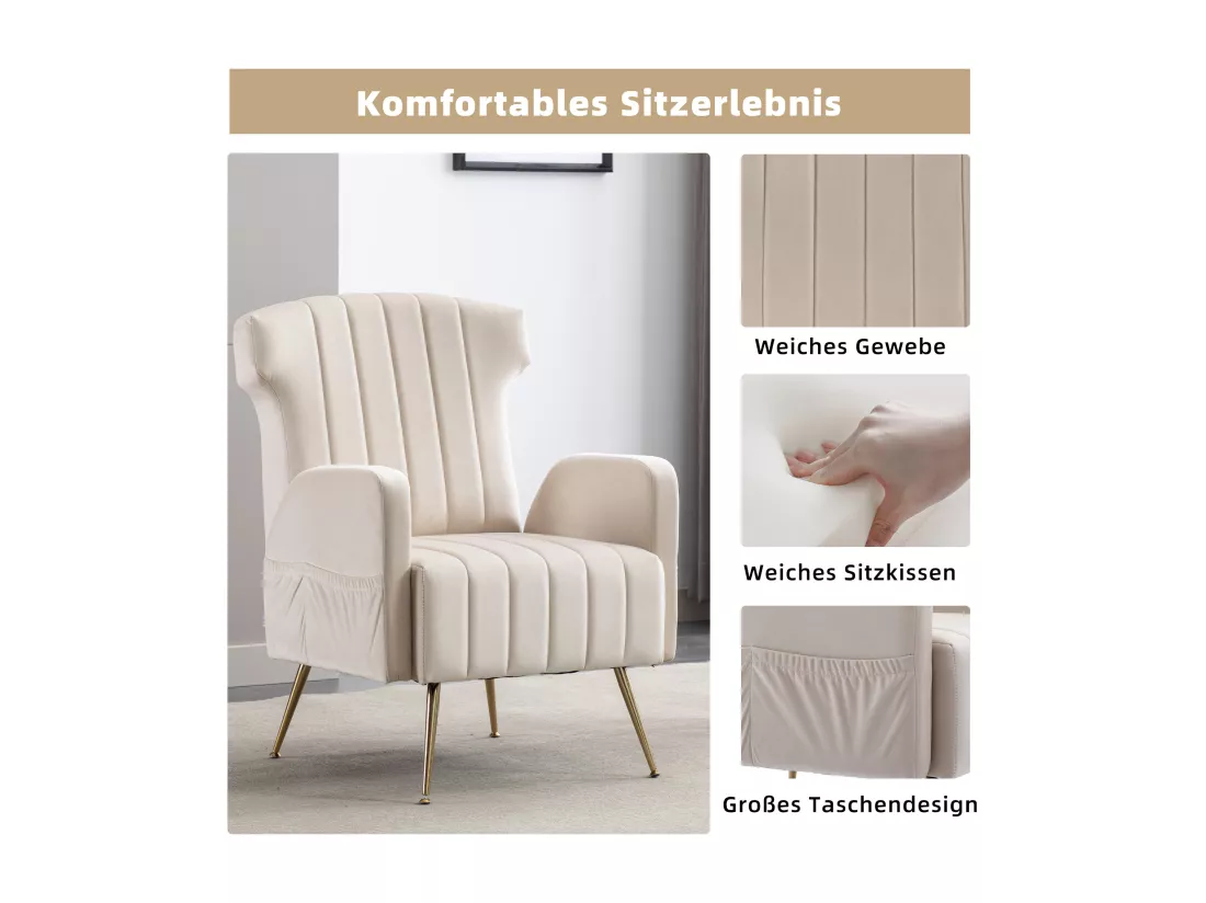 Chaise Décorative En Velours，pieds Dorés，fauteuil Confortable，haut Dossier