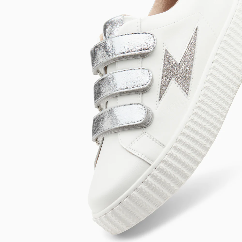 Sneakers-Baskets éclair Kandia blanc et argent à scratchs