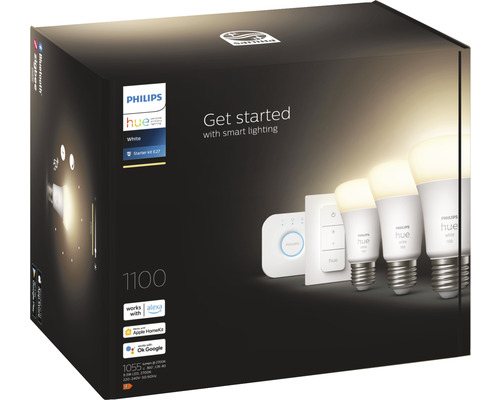 Philips Hue White Starterset 3x A60 E27/9,5W (75W) 1100 lm 2700 K incl. Bridge + Dimmer Switch - Compatibel met SMART HOME van Hornbach