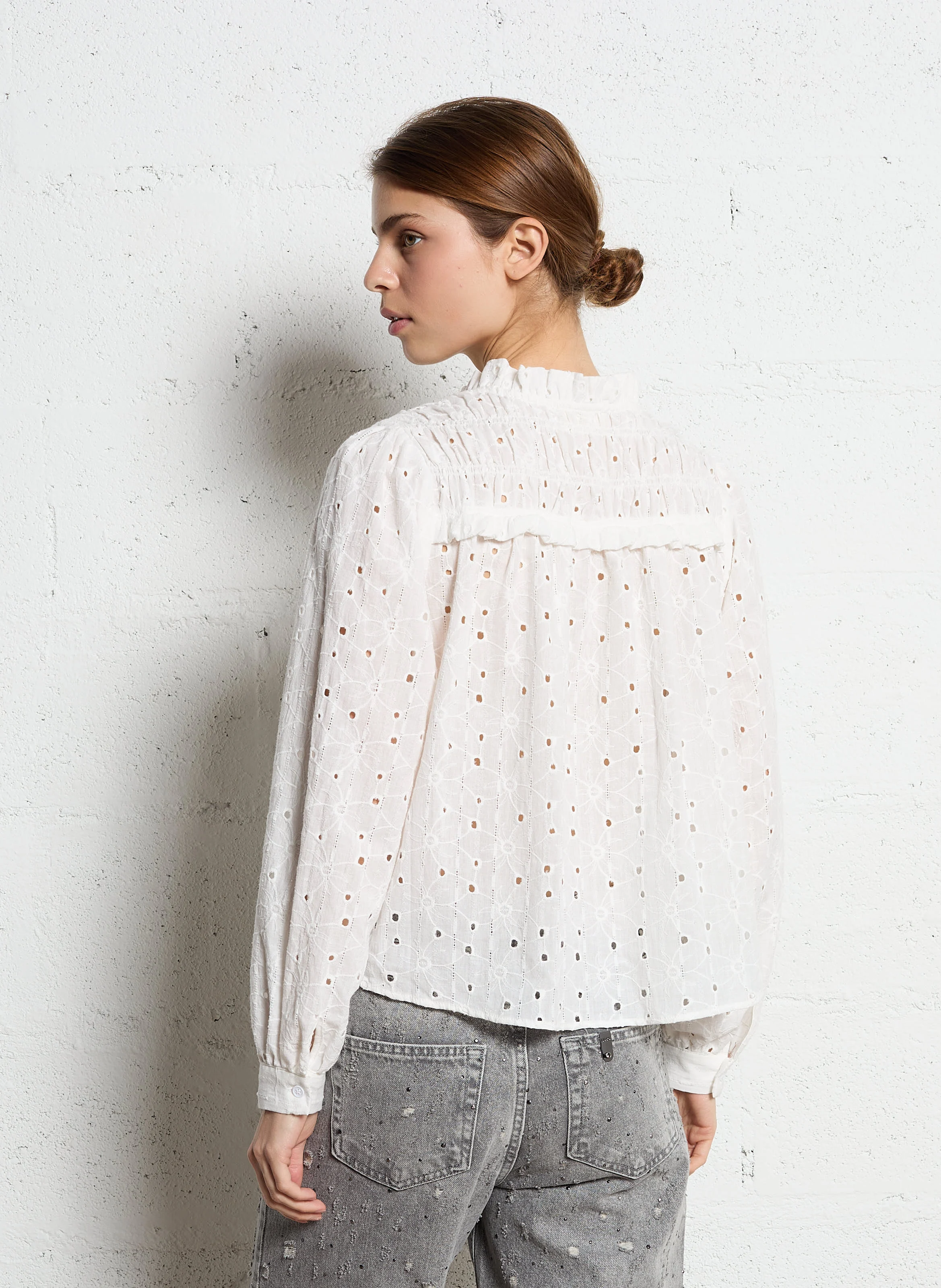 Chemise droite brodée en coton | Blanc