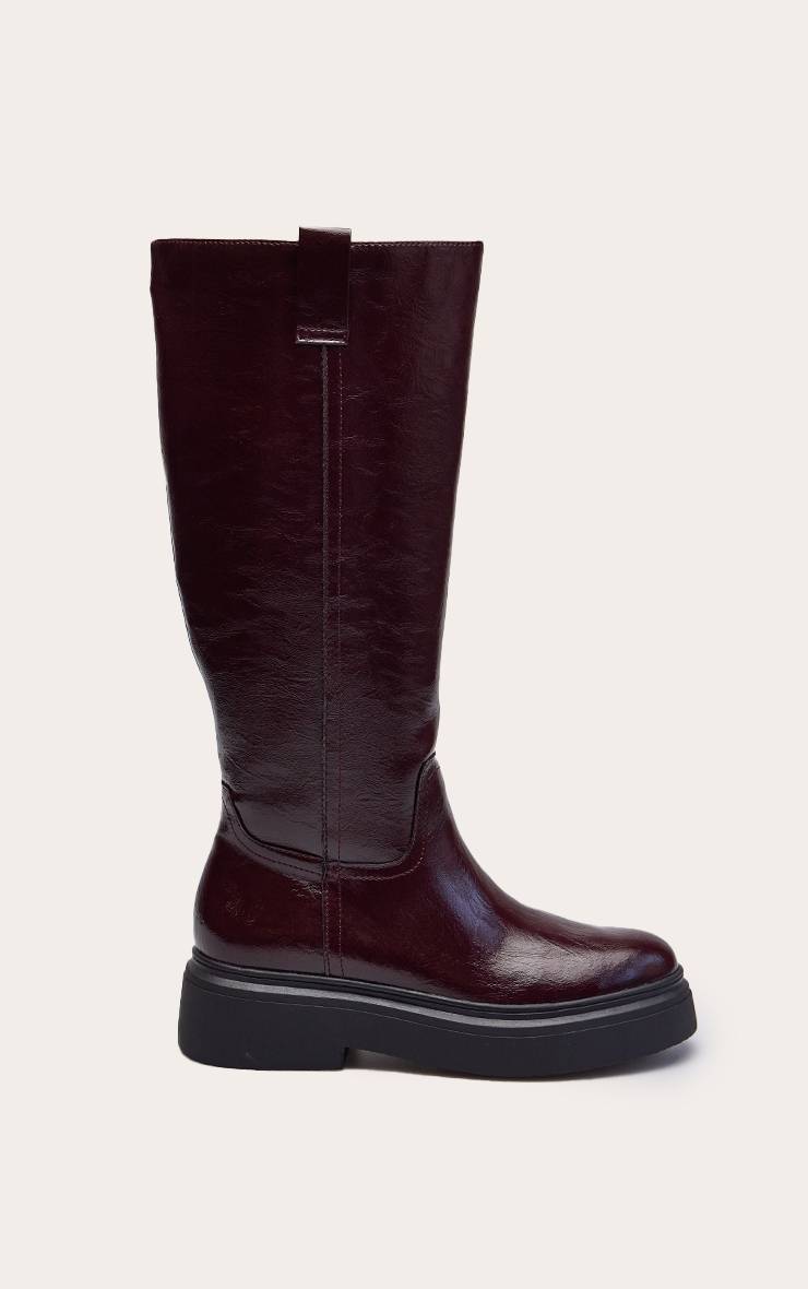 Rouge Bordeaux Botte Montante À Tige Droite Effet Froissé Et Talon Épais