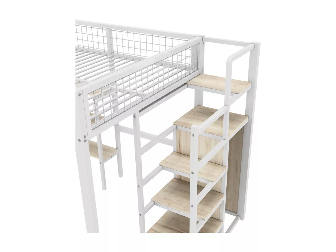 Lit mezzanine 140x200 cm - cadre en fer - avec un bureau et étagères - Blanc