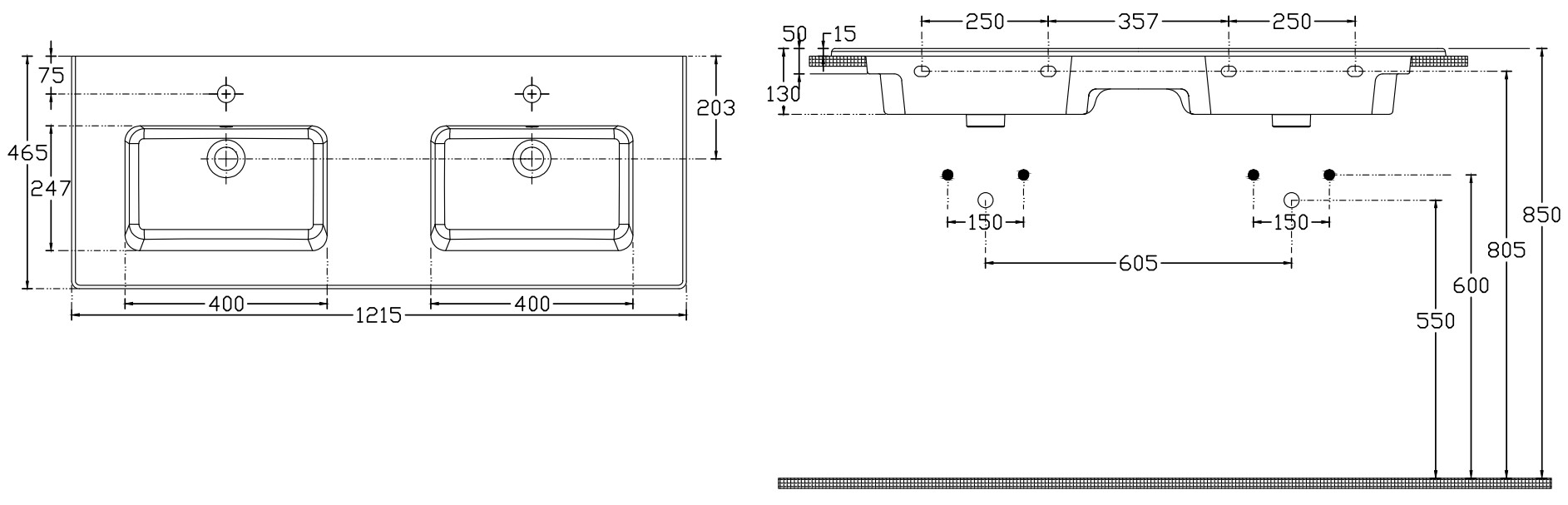 Isvea Sistema T dubbele inbouw wastafel met 2 kraangaten 120cm wit glans