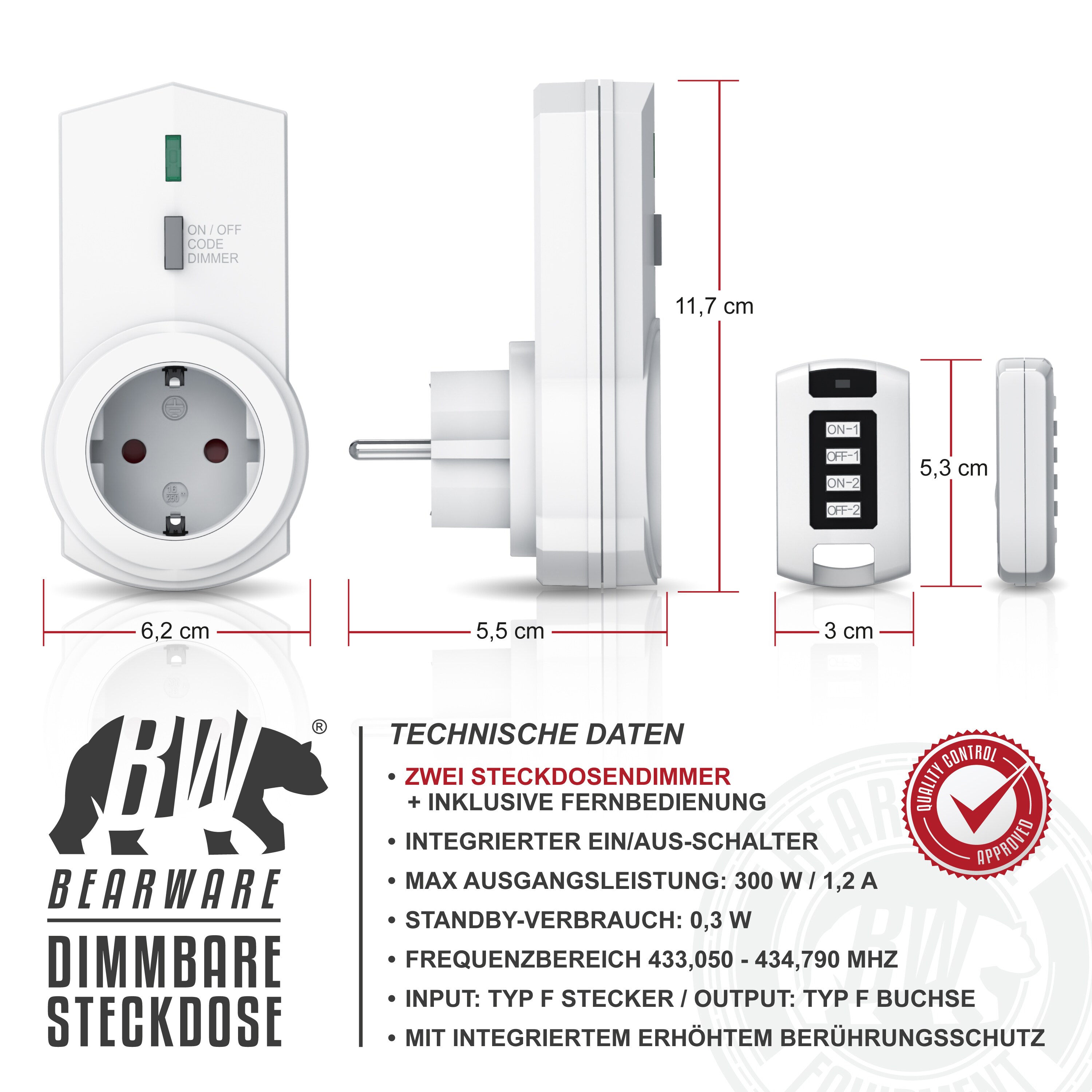 BEARWARE Dimmbare Funksteckdosen - Set mit Fernbedienung - 2er Set für den Innenbereich Indoor + 1 Fernbedienung - LED Statusanzeige
