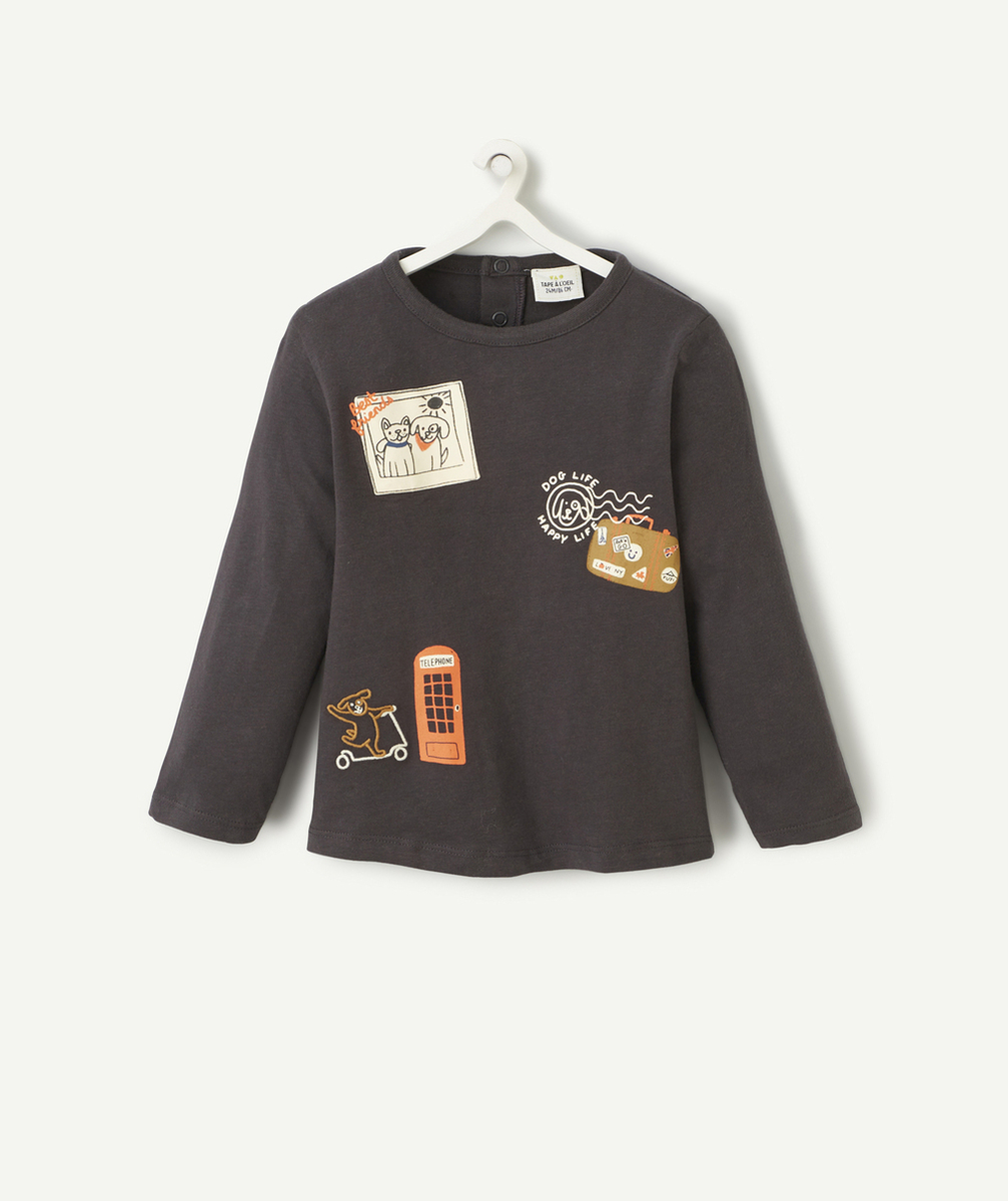 T-SHIRT BÉBÉ GARÇON EN COTON BIO GRIS FONCÉ MOTIFS CHIENS