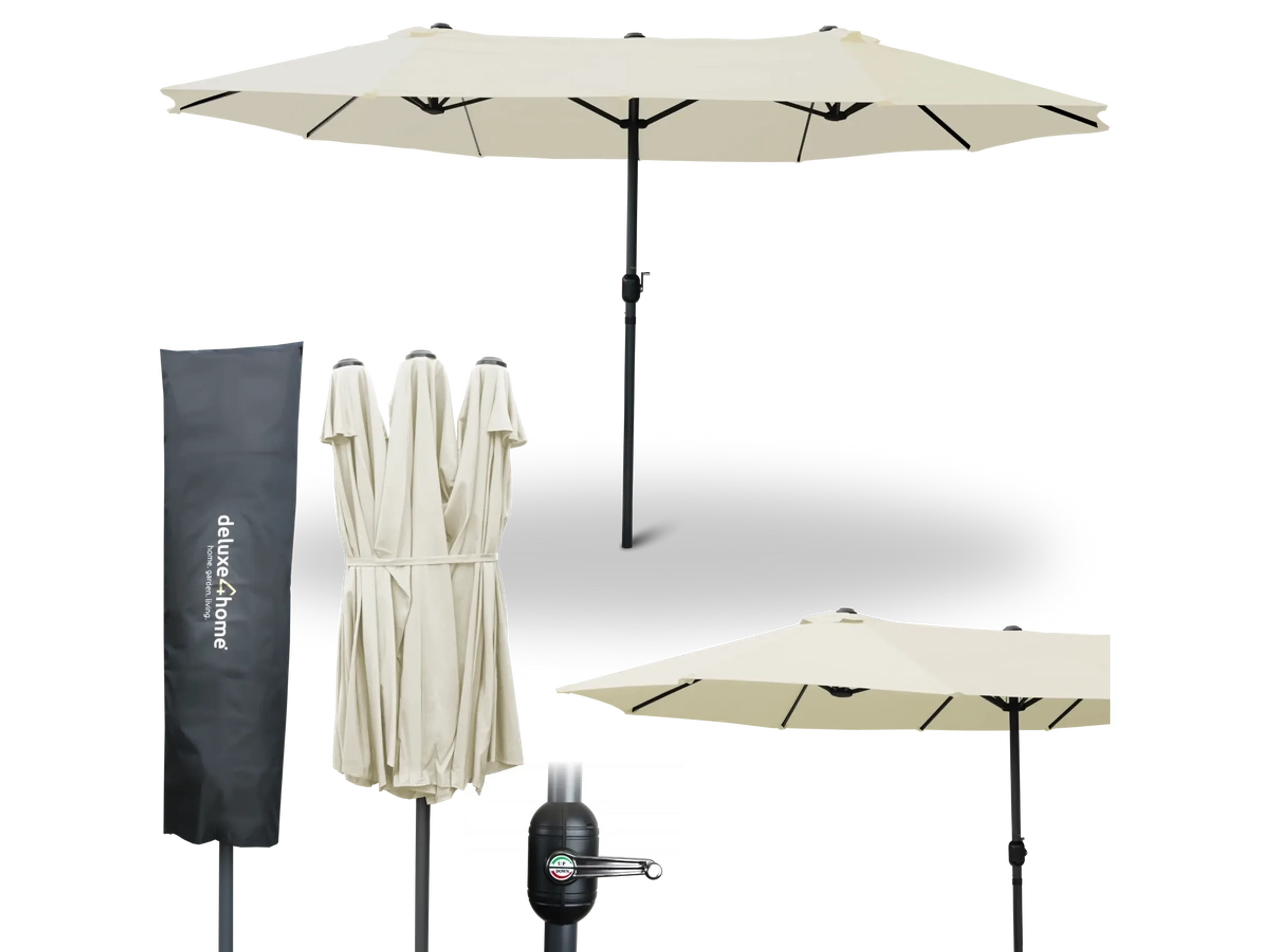 deluxe4home XXL Doppelsonnenschirm 450cm x 260cm mit Handkurbel Creme