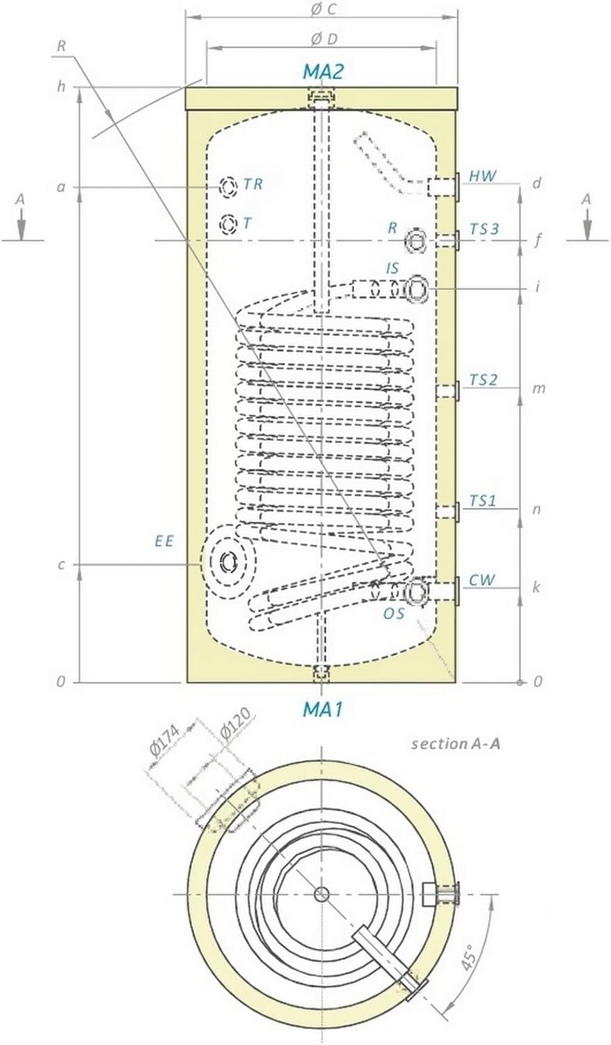 160 Liter Warmwasserspeicher Standspeicher mit einem doppelten Hochleistungswärmetauscher - Wärmepumpenspeicher