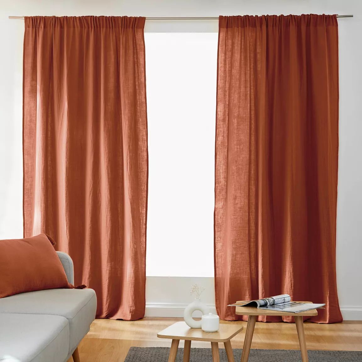 Rideau gaze de coton galon fronceur (180 x 240 cm) Gaïa Terracotta