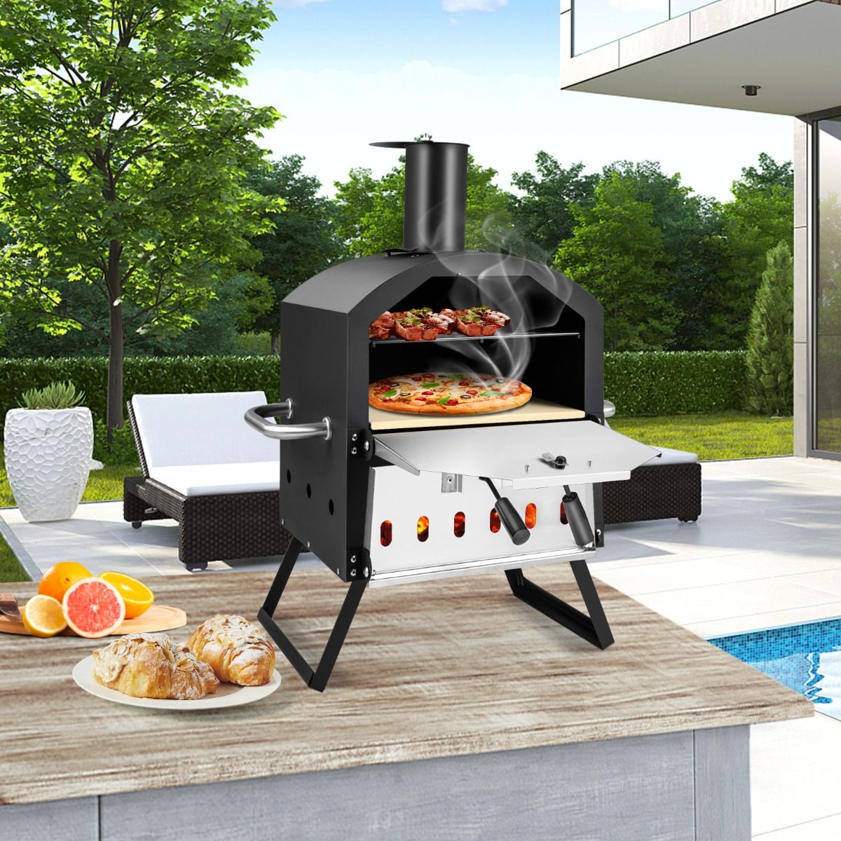 Four à Pizza Extérieur à 2 Couches Etagère du Milieu Amovible avec Pierre à Pizza Grille Pelle Housse Etanche Cheminée - Lidl-Manfred