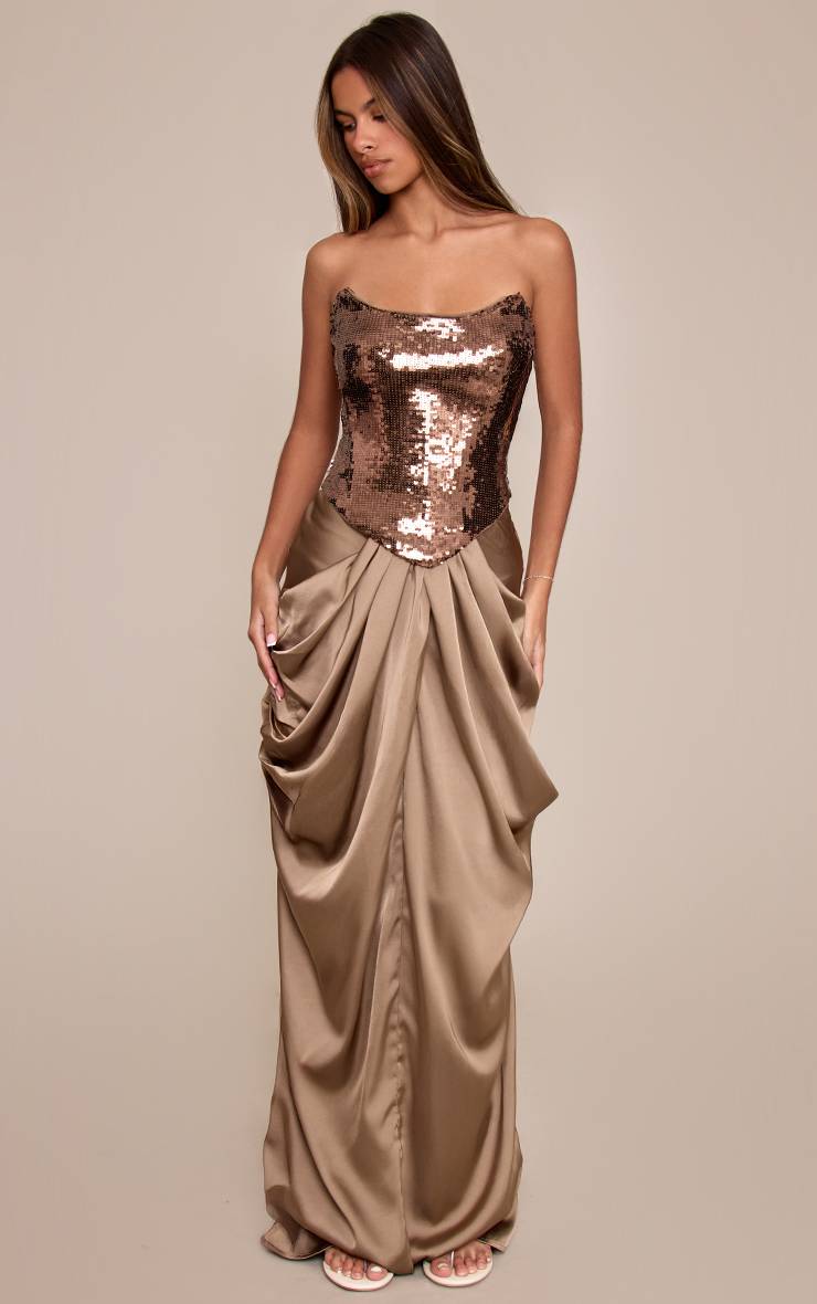 Taupe Jupe Longue Drapée Taille Basse En Satin Petite