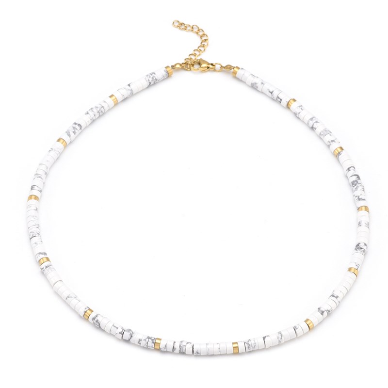 Collier Perles Heishi Pierres Naturelles Turquoise Blanche-38 cm