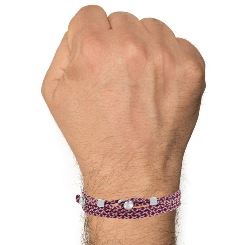 Bracelet Homme Métal Argenté Cubes Fermoir Bouton et Lien en Paracorde - Bordeaux