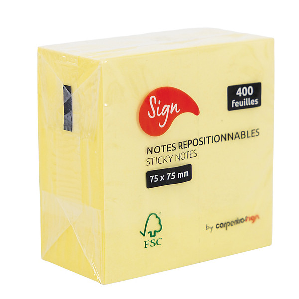 Notes repositionnables 75 x 75 mm coloris jaune, bloc de 400 feuilles