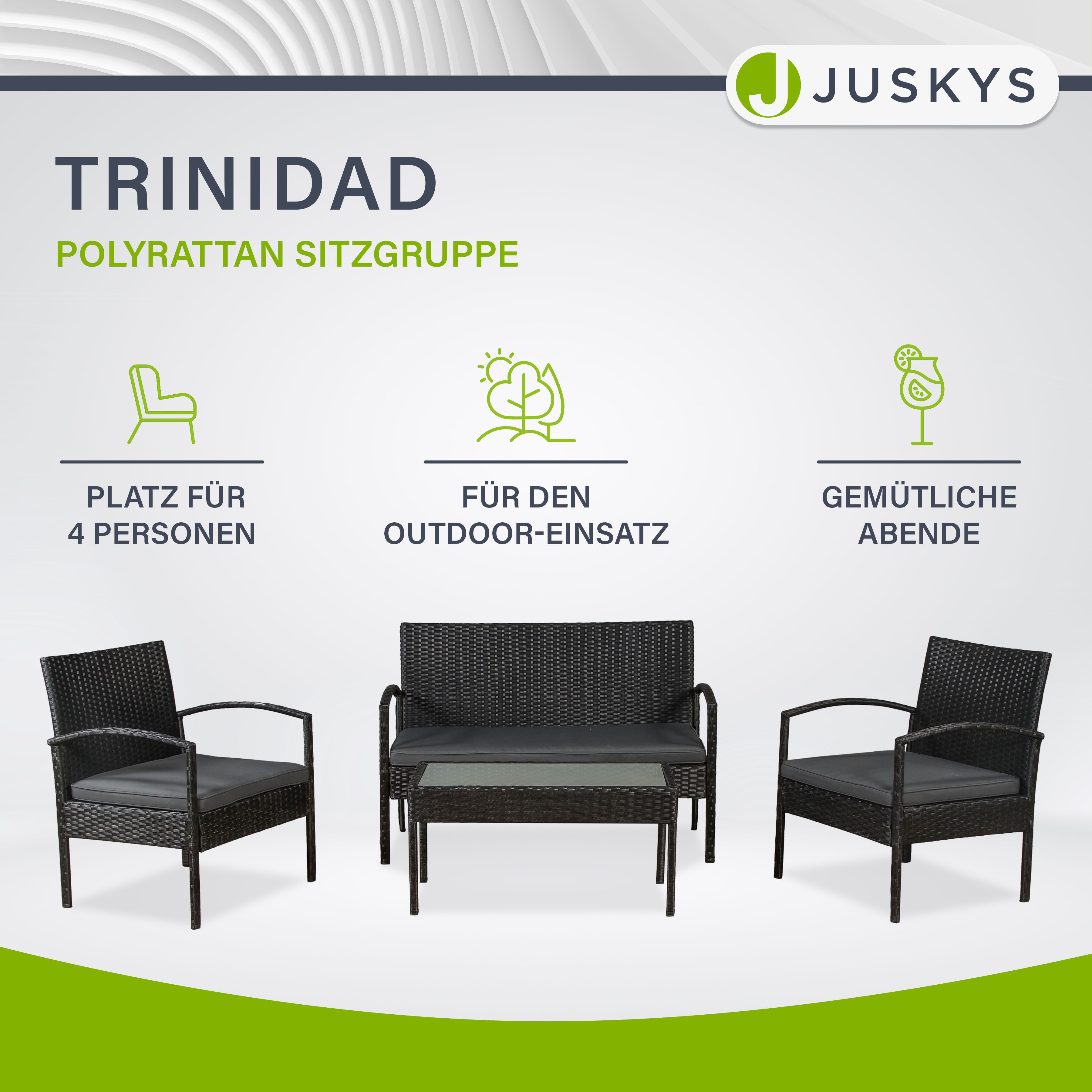 Juskys Polyrattan Balkonmöbel Trinidad schwarz, 4 Personen - Tisch, Bank, 2 Stühle, graue Auflagen