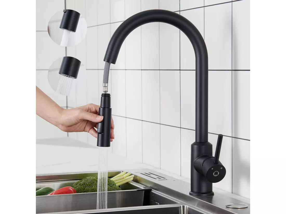 Cecipa max Evier Quartz Noir 50x45cm Evier 1 Bac en Quartz Evier de Cuisine en Granit + Mitigeur avec Douchette Extractible Rotatif à 360 ° Noir
