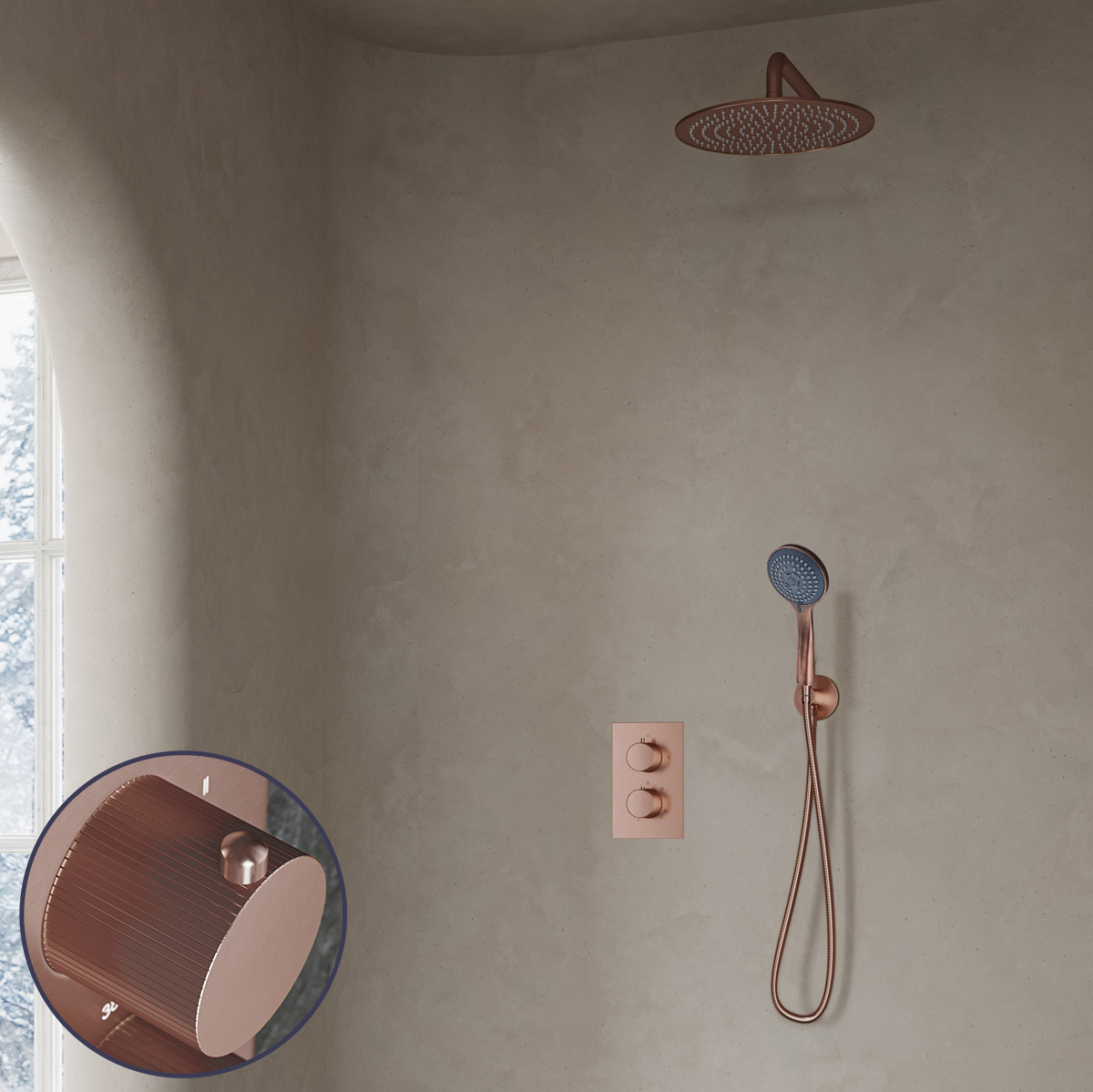 Saniclear Copper Stripes inbouw regendouche met 30cm hoofddouche, muurarm en 3 standen handdouche geborsteld koper