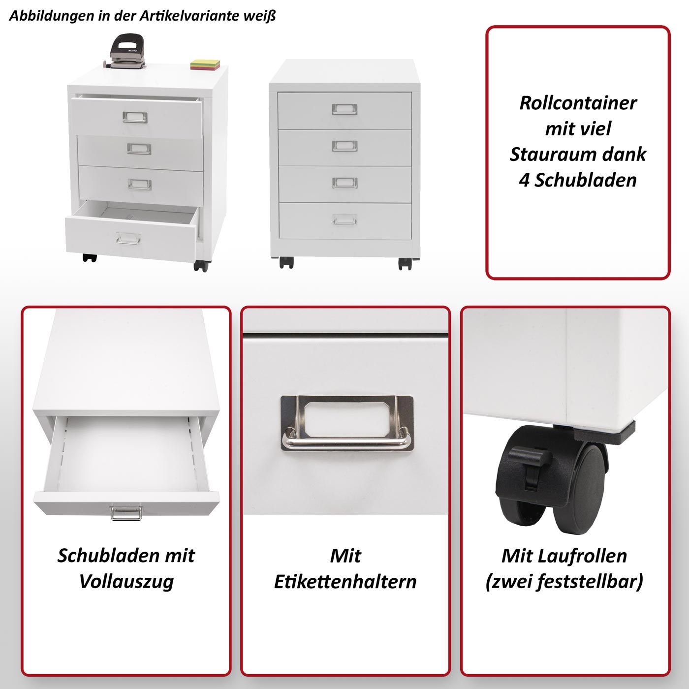 Rollcontainer MCW-L49, Schubladenschrank Stahlschrank Aktenschrank, Metall 55x40x41cm 4 Schubladen ~ rot
