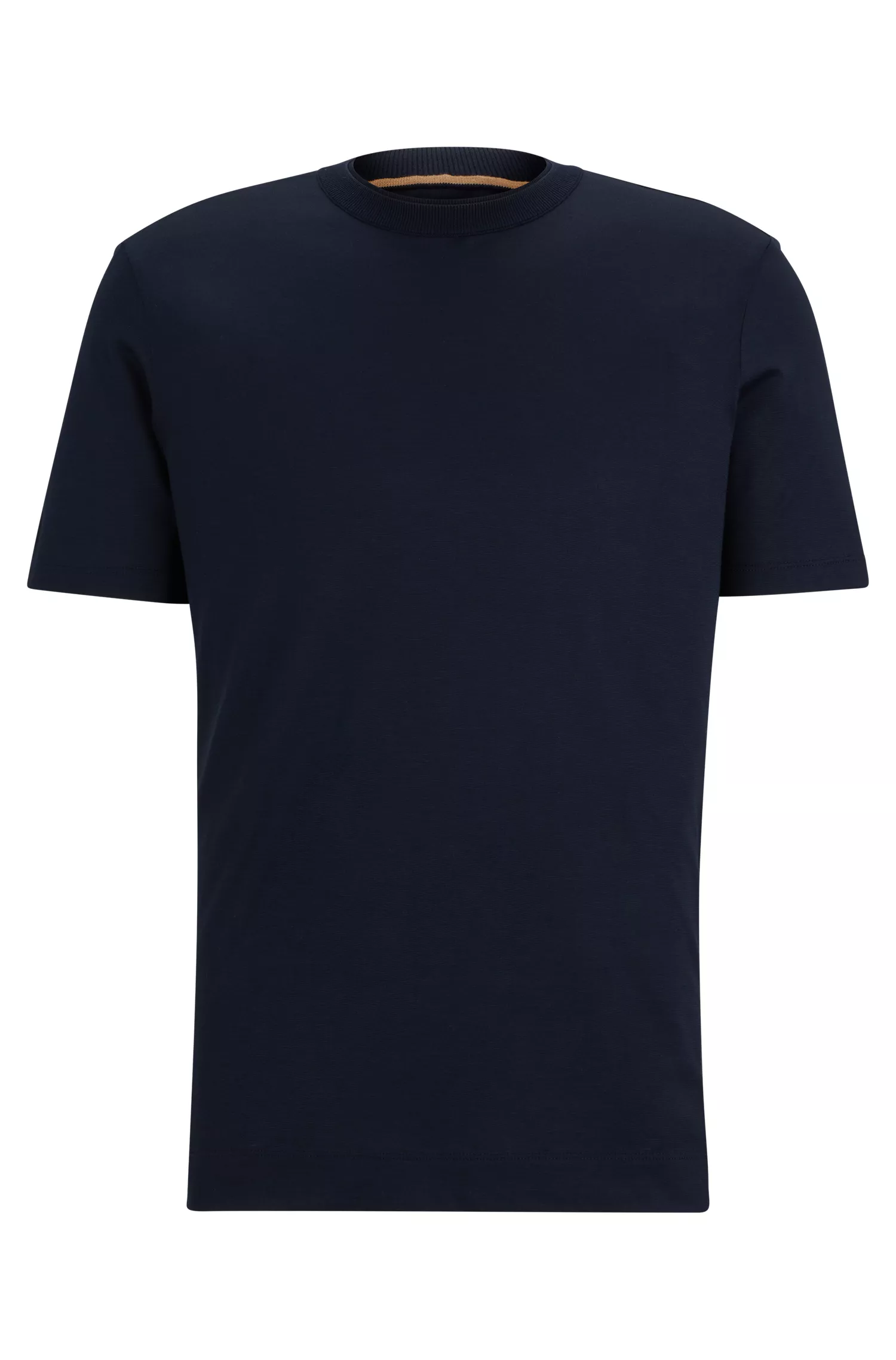 Camiseta BOSS em algodão e seda na cor camelo com listras finas e gola dupla.