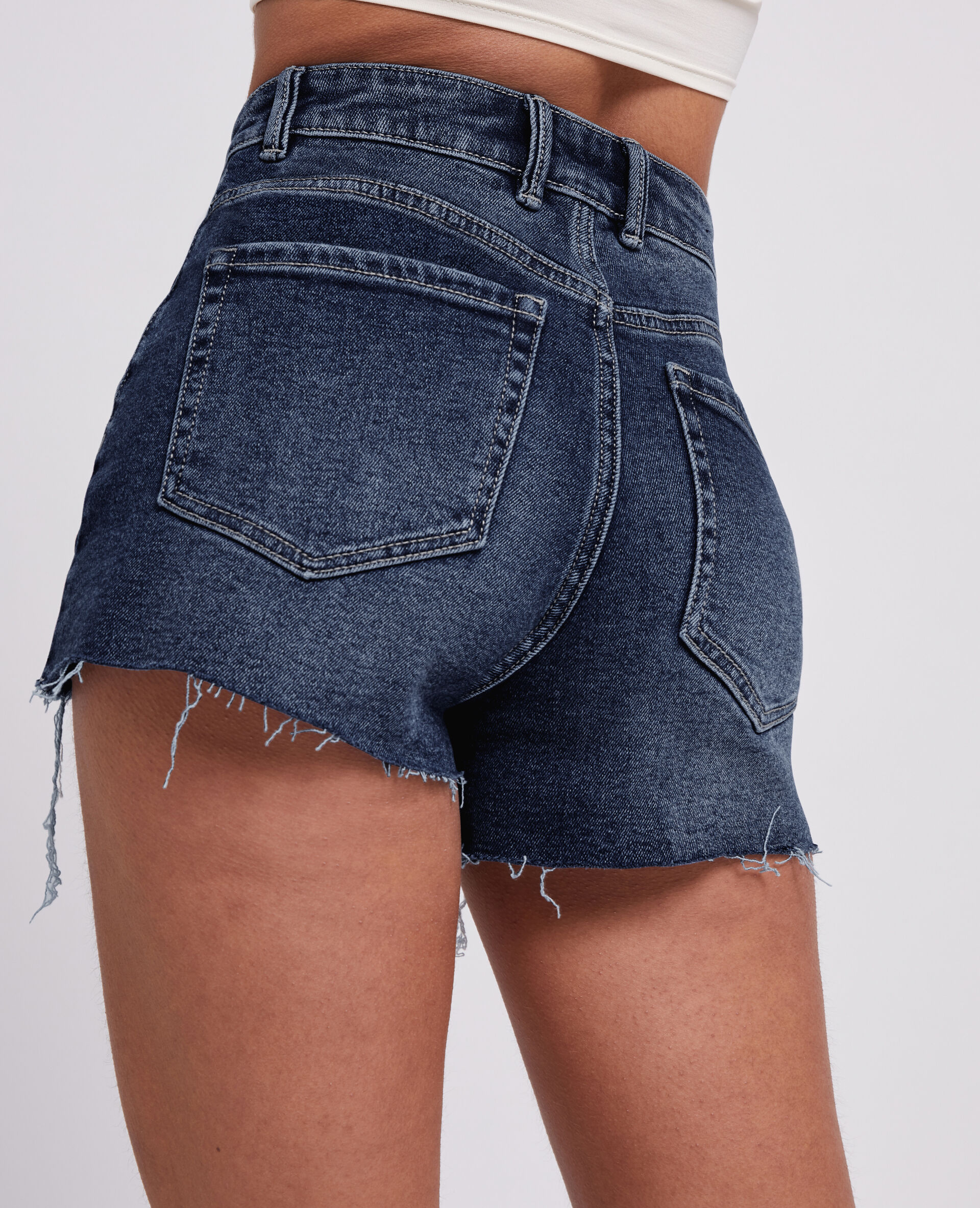 Short en jean destroy taille haute - Bleu