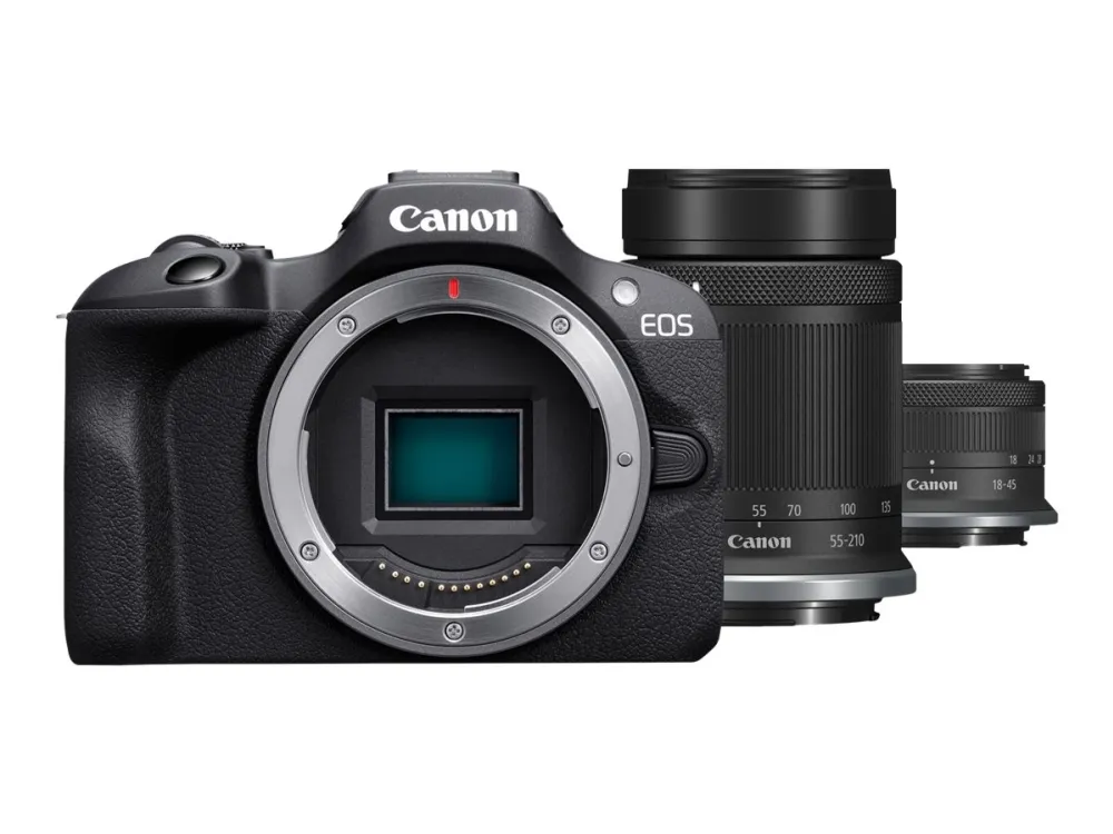 Canon EOS R100 - Digitalkamera - spejlløst - 24.1 MP - APS-C - 4K / 29.97 fps - 2.5x optisk zoom RF-S 18-45 mm F4.5-6.3 IS STM objektiv, 55-210 mm F5.0-7.1 IS STM objektiv - Wi-Fi, Bluetooth - sort