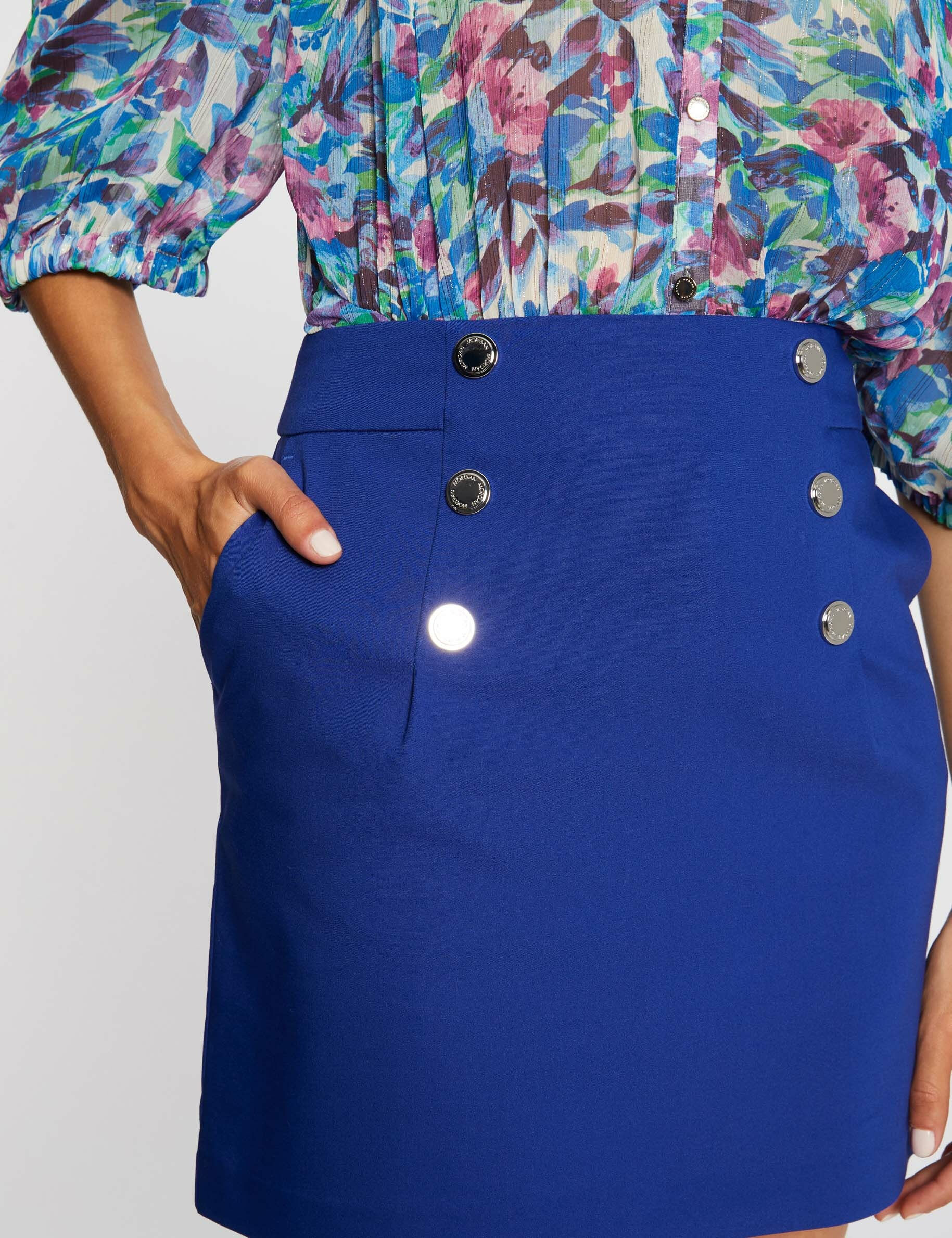Jupe droite taille haute avec boutons bleu electrique femme - bleu_electrique
