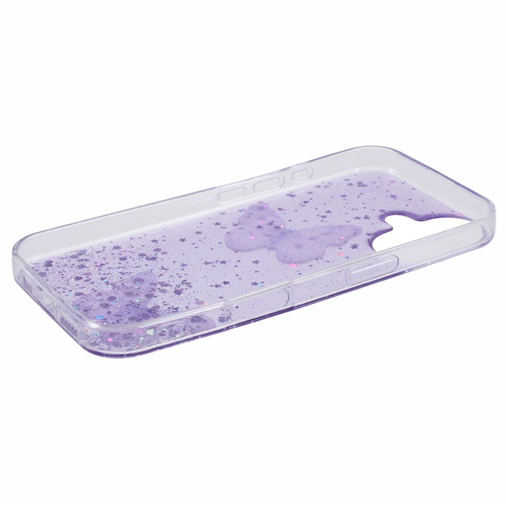 iPhone 16 Hybrid Hardcase Schutzhülle im Glitzer Design Schmetterling - Violett / Transparent