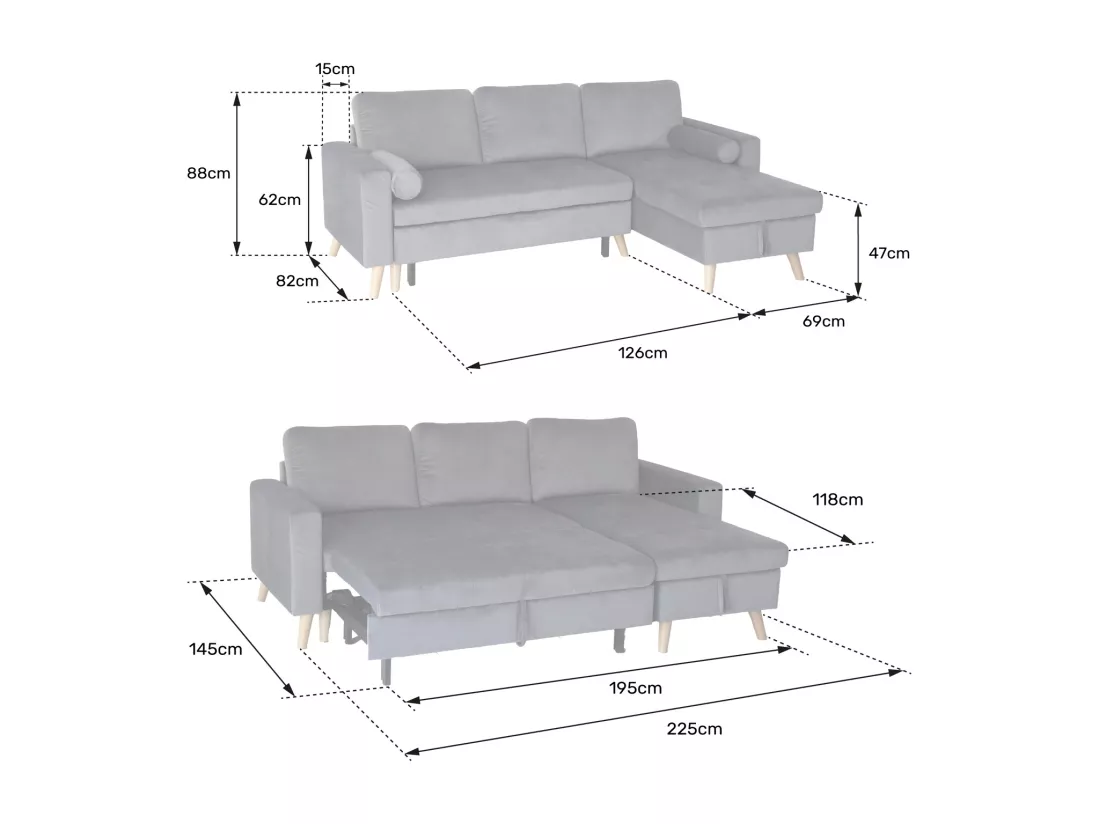Canapé d'angle convertible JAMES 3 places en velours bleu - HAPPY GARDEN