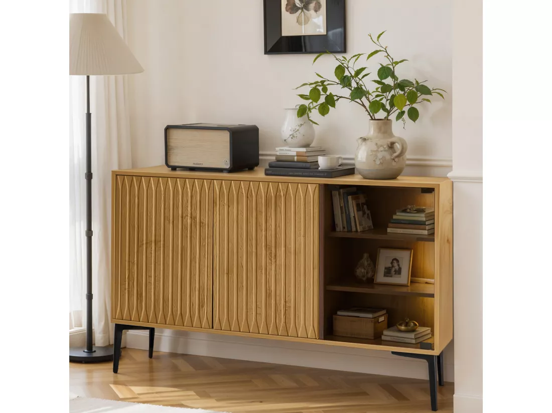 Buffet, meuble de salle de bain avec 3 portes - 120 x 35 x 80 cm - Bois MDF + verre - LEDs - Naturel